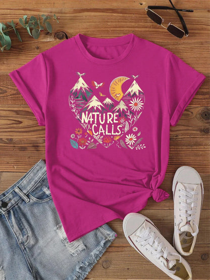 Heart Shaped Adventure 'Nature Calls' Print T-shirt Short Sleeve Crew Neck Casual Top For Summer & Spring Women's Clothing
