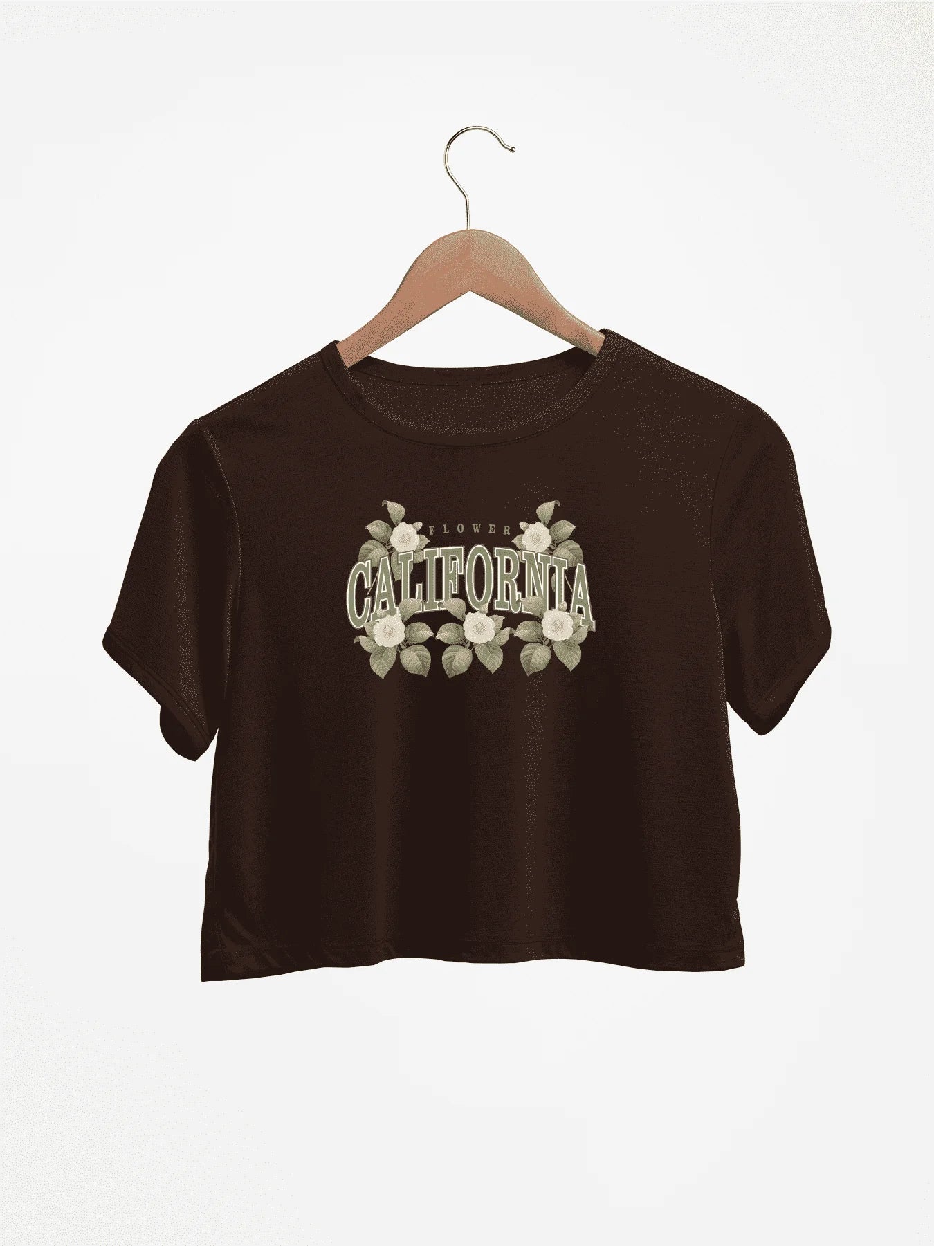 Elegant Floral California Graphic Print Crew Neck Crop T-Shirts Casual Short Sleeve Top For Spring & Summer Women's Clothing