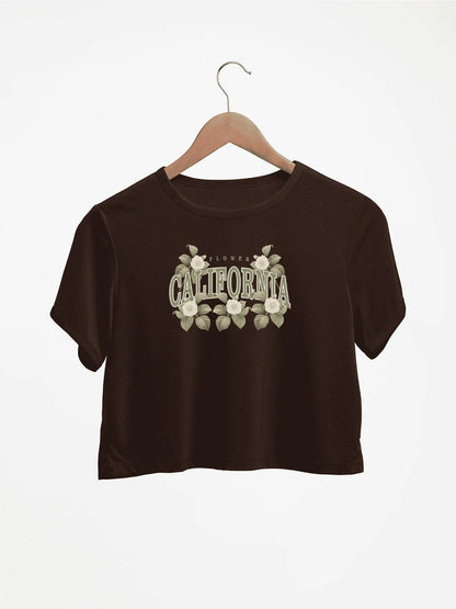 Elegant Floral California Graphic Print Crew Neck Crop T-Shirts Casual Short Sleeve Top For Spring & Summer Women's Clothing