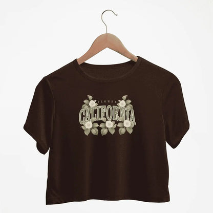 Elegant Floral California Graphic Print Crew Neck Crop T-Shirts Casual Short Sleeve Top For Spring & Summer Women's Clothing