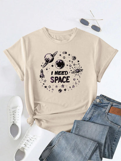 Astronomical Humor 'I Need Space' Planetary Print T-shirt Short Sleeve Crew Neck Casual Top For Summer&Spring Women's Clothing