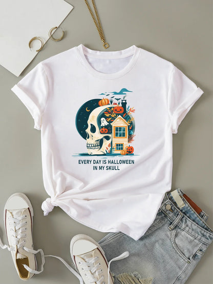 Halloween Everyday Skull Graphic Print T-shirt Short Sleeve Crew Neck Casual Top For Summer & Spring Women's Clothing