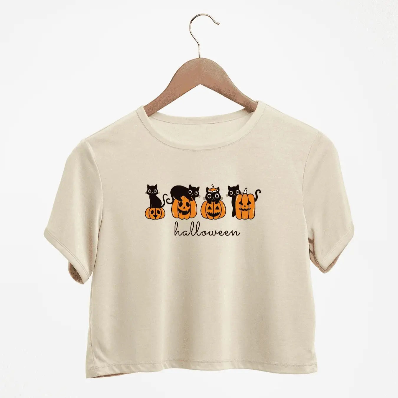 Halloween With Cats And Pumpkins Print Crew Neck Crop T-Shirts Casual Short Sleeve Top For Spring & Summer Women's Clothing