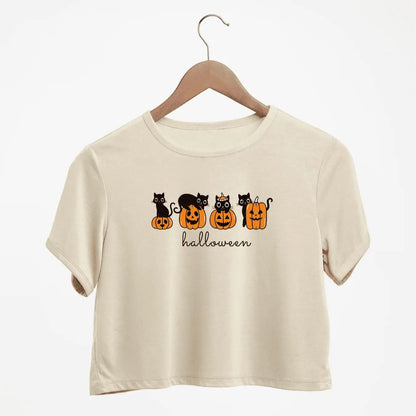 Halloween With Cats And Pumpkins Print Crew Neck Crop T-Shirts Casual Short Sleeve Top For Spring & Summer Women's Clothing
