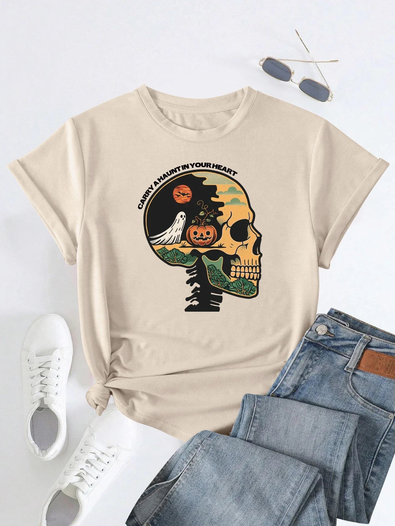 Halloween Graphic with Skull and Pumpkin Print T-shirt Short Sleeve Crew Neck Casual Top For Summer & Spring Women's Clothing