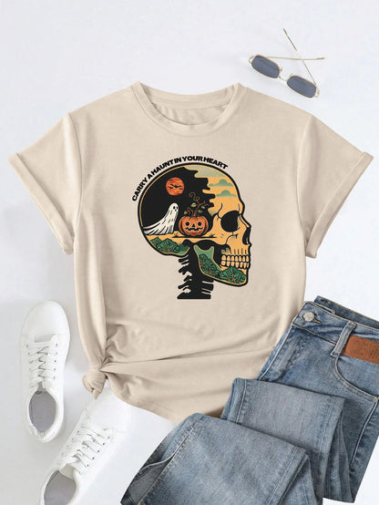 Halloween Graphic with Skull and Pumpkin Print T-shirt Short Sleeve Crew Neck Casual Top For Summer & Spring Women's Clothing