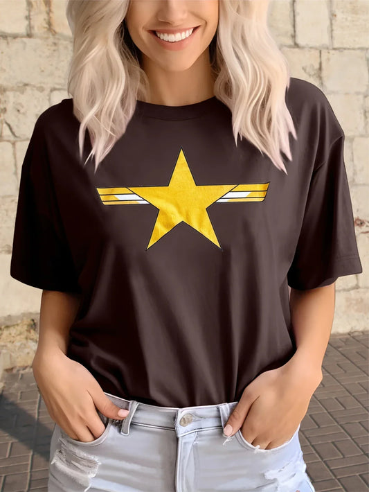 Gold Star Graphic with Metallic Print T-shirt Short Sleeve Crew Neck Casual Top For Summer & Spring Women's Clothing