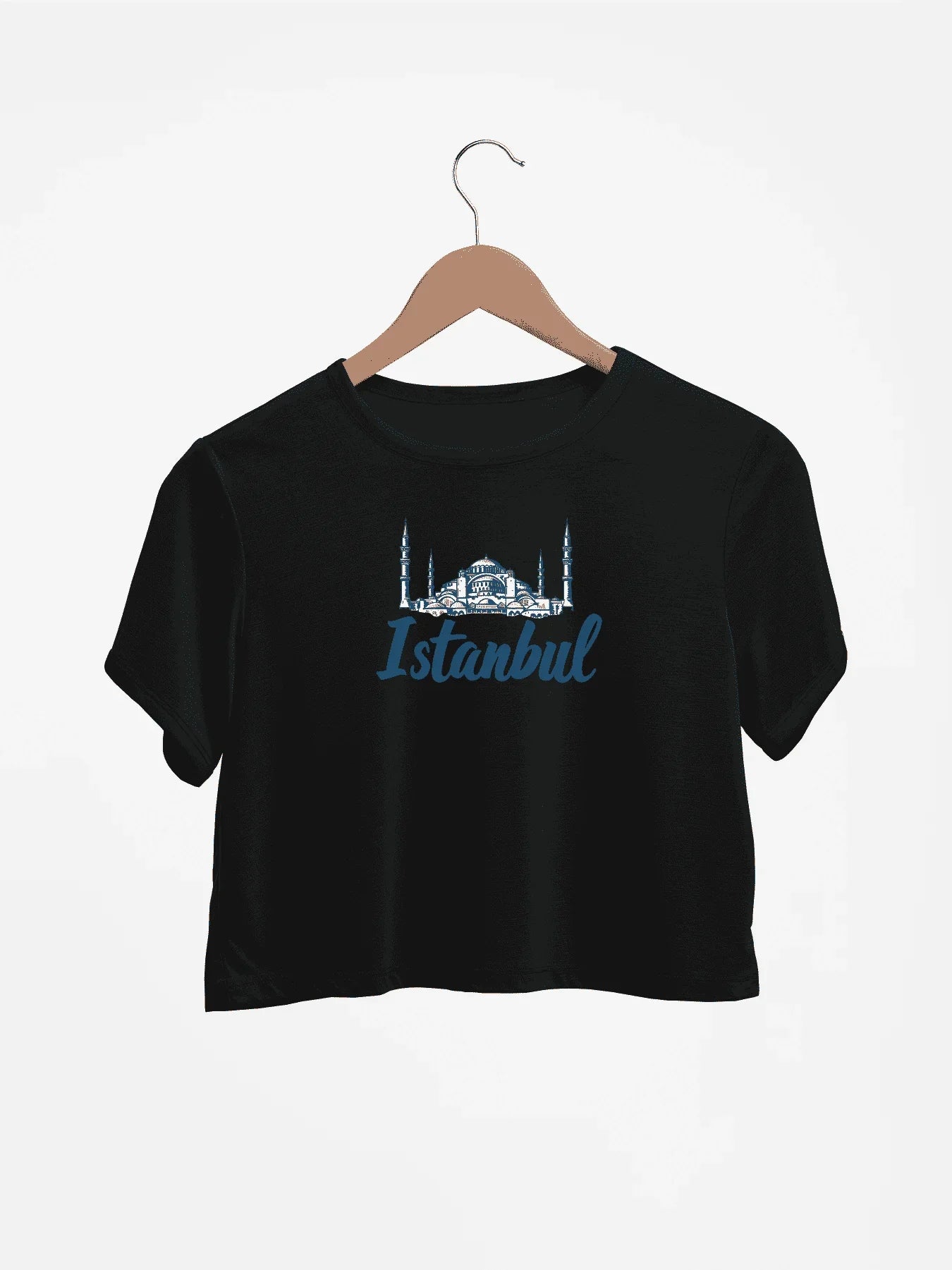 Istanbul Skyline With Bold Istanbul Print Crew Neck Crop T-Shirts Casual Short Sleeve Top For Spring & Summer Women's Clothing