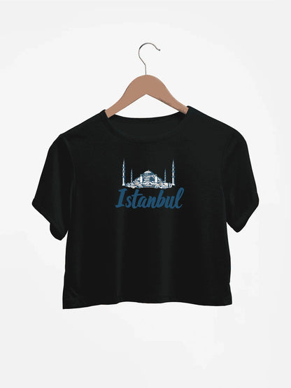 Istanbul Skyline With Bold Istanbul Print Crew Neck Crop T-Shirts Casual Short Sleeve Top For Spring & Summer Women's Clothing