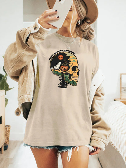Halloween Graphic with Skull and Pumpkin Print T-shirt Short Sleeve Crew Neck Casual Top For Summer & Spring Women's Clothing