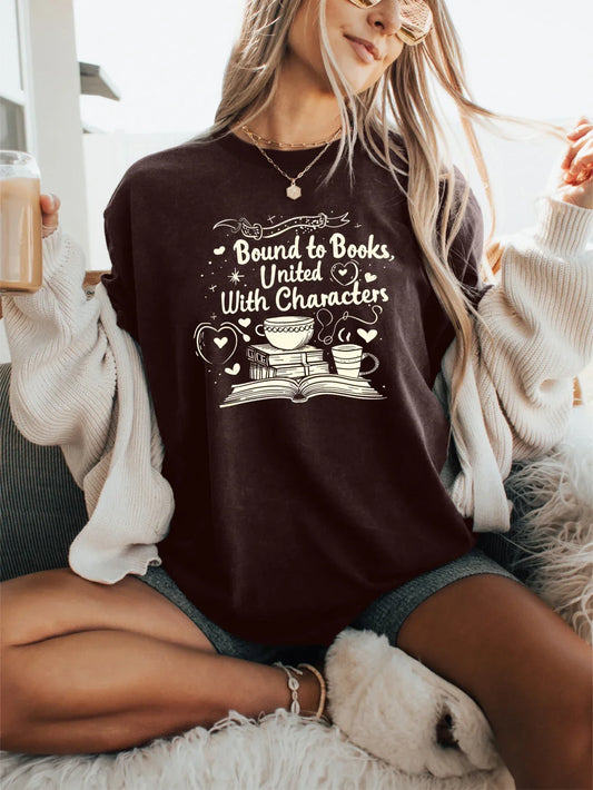 Heartfelt Literary And Coffee Graphic Print T-shirt Short Sleeve Crew Neck Casual Top For Summer & Spring Women's Clothing