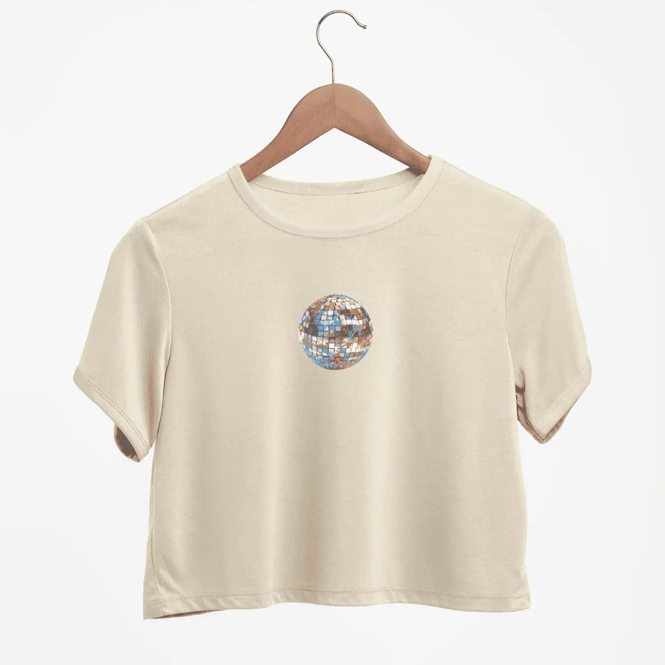 Eye-catching Disco Ball Graphic Print Crew Neck Crop T-Shirts Casual Short Sleeve Top For Spring & Summer Women's Clothing