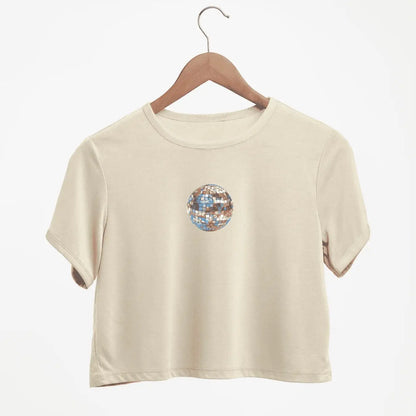 Eye-catching Disco Ball Graphic Print Crew Neck Crop T-Shirts Casual Short Sleeve Top For Spring & Summer Women's Clothing