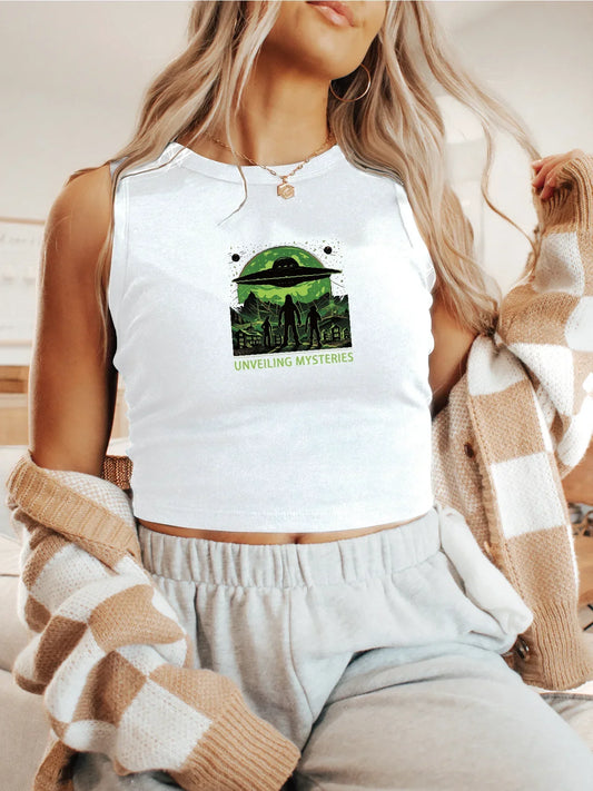 Intriguing Ufo And Mysterious Figures Graphic Print Crop Tank Top, Sleeveless Casual Top For Summer & Spring, Women's Clothing