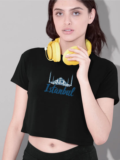 Istanbul Skyline With Bold Istanbul Print Crew Neck Crop T-Shirts Casual Short Sleeve Top For Spring & Summer Women's Clothing
