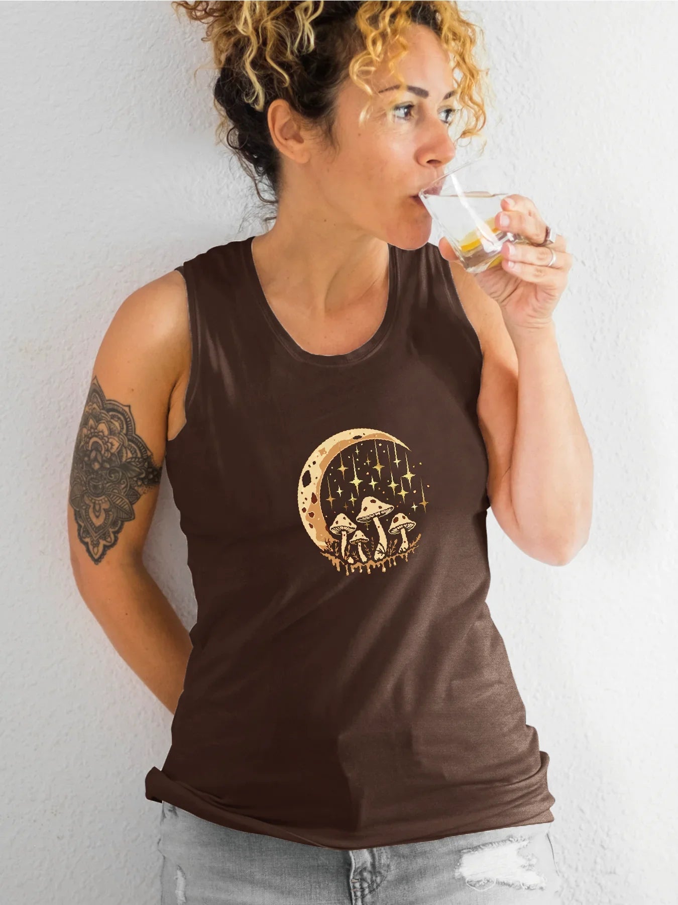 Enchanting Mushroom And Crescent Moon Graphic Print Tank Top Sleeveless Casual Top For Summer & Spring Women's Clothing