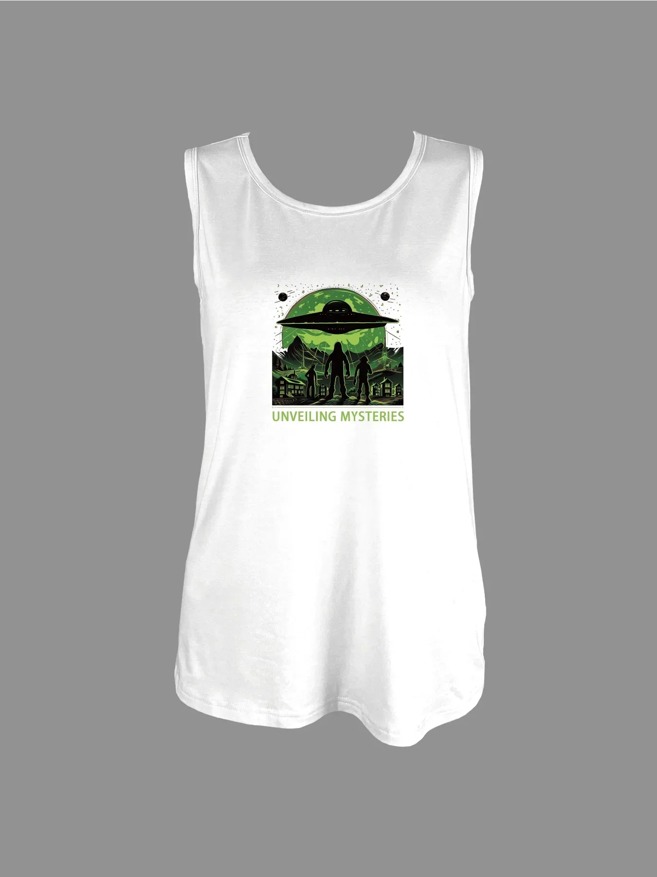 Intriguing Ufo And Mysterious Figures Graphic Print Tank Top Sleeveless Casual Top For Summer & Spring Women's Clothing