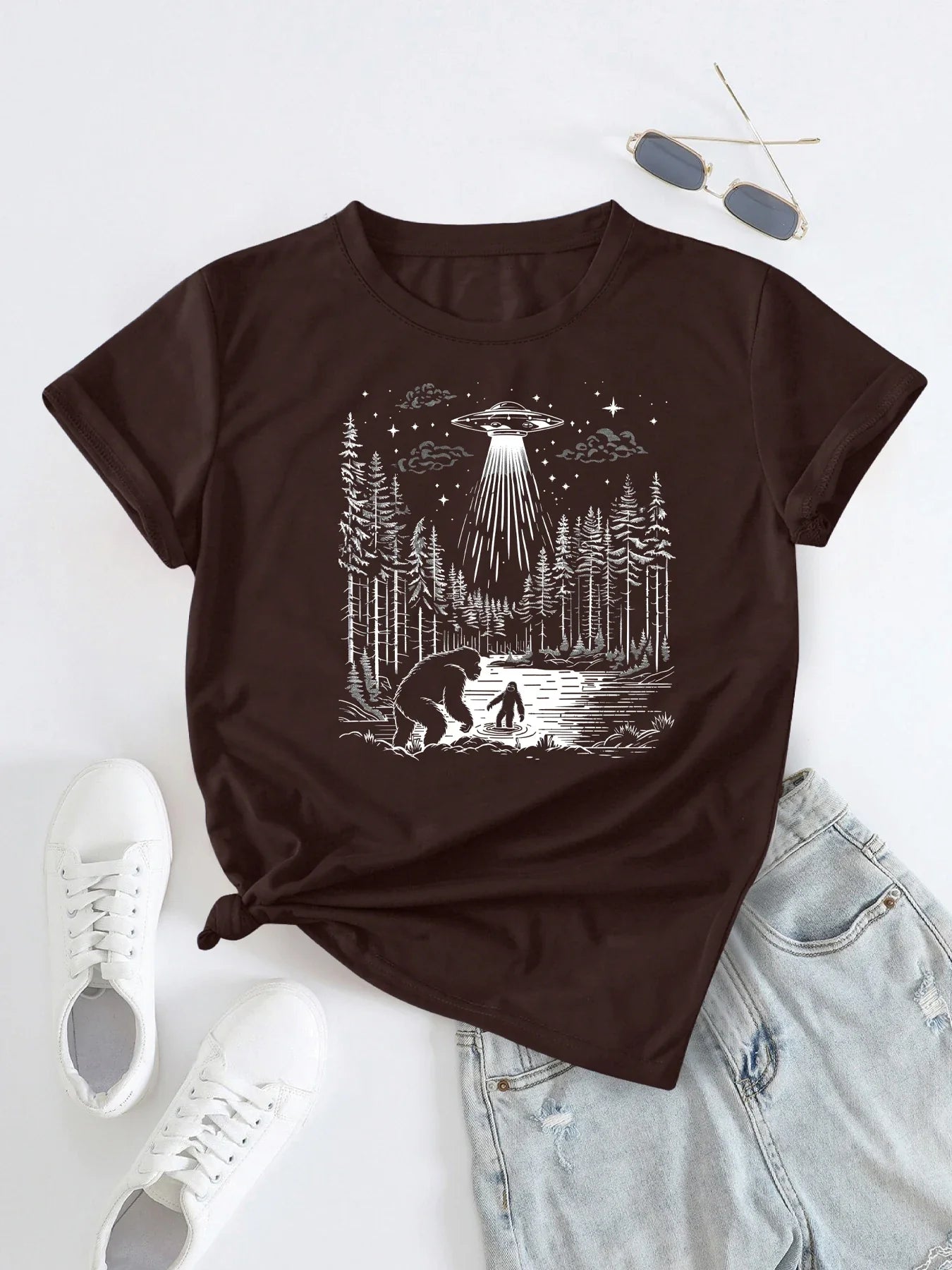 Enigmatic Forest UFO Encounter Print T-shirt Short Sleeve Crew Neck Casual Top For Summer & Spring Women's Clothing