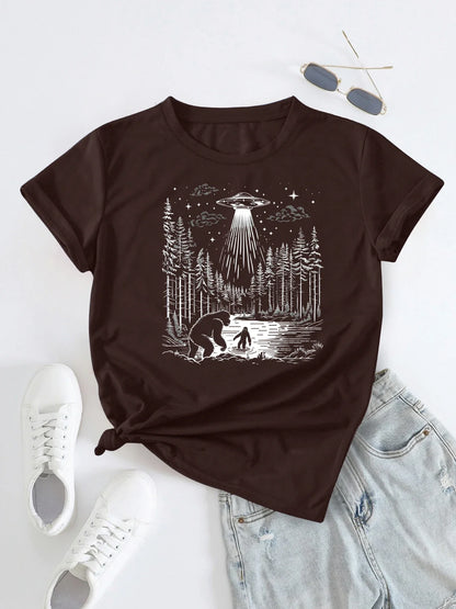 Enigmatic Forest UFO Encounter Print T-shirt Short Sleeve Crew Neck Casual Top For Summer & Spring Women's Clothing