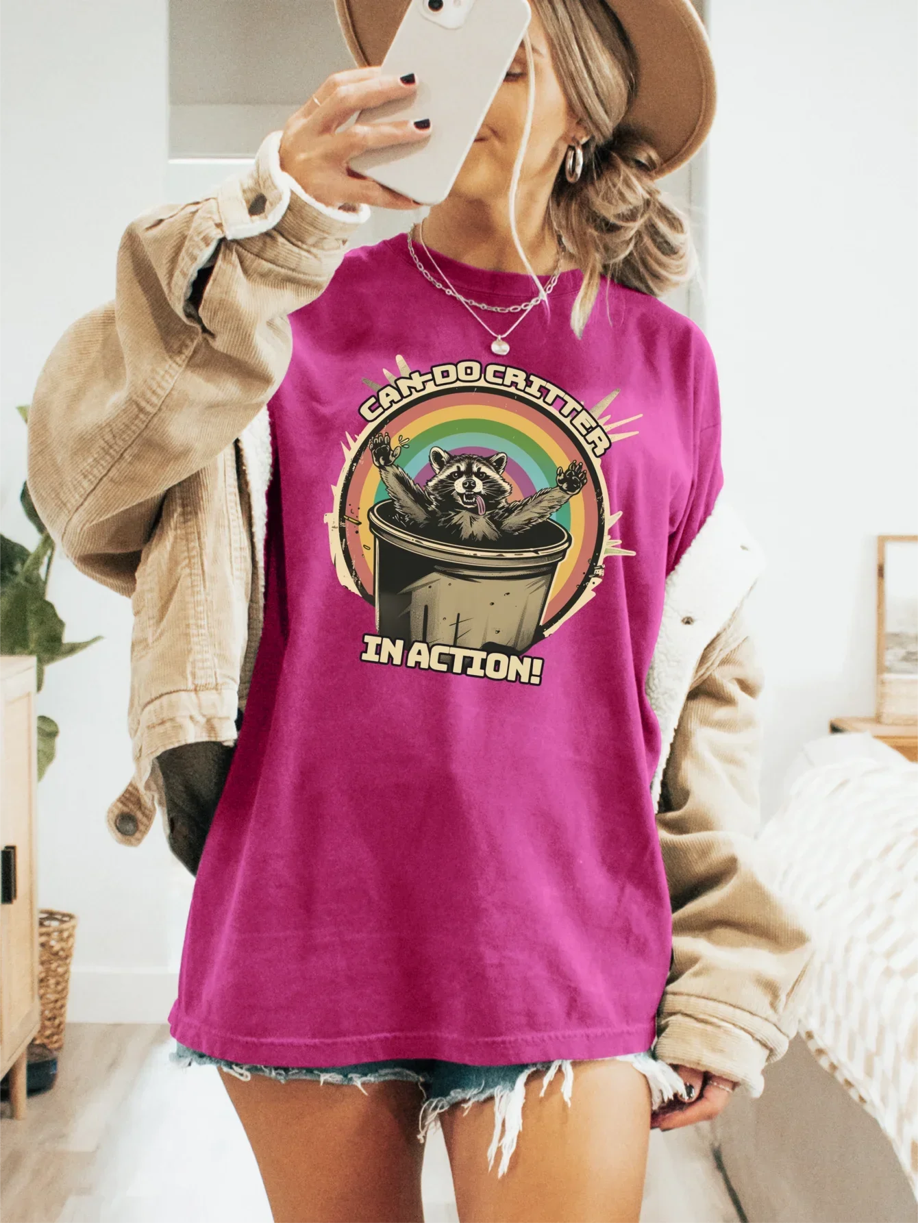 Fun 'Can-Do Critter' Raccoon Print T-shirt Short Sleeve Crew Neck Casual Top For Summer & Spring Women's Clothing