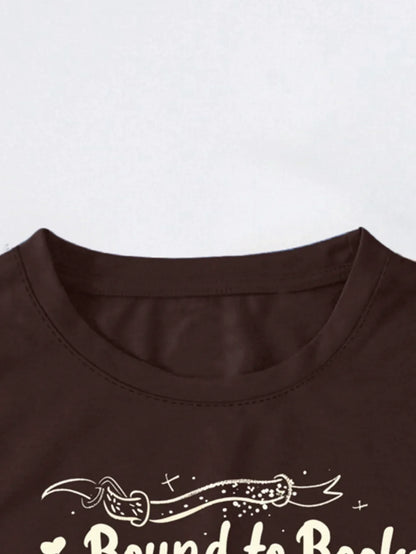 Heartfelt Literary And Coffee Graphic Print T-shirt Short Sleeve Crew Neck Casual Top For Summer & Spring Women's Clothing