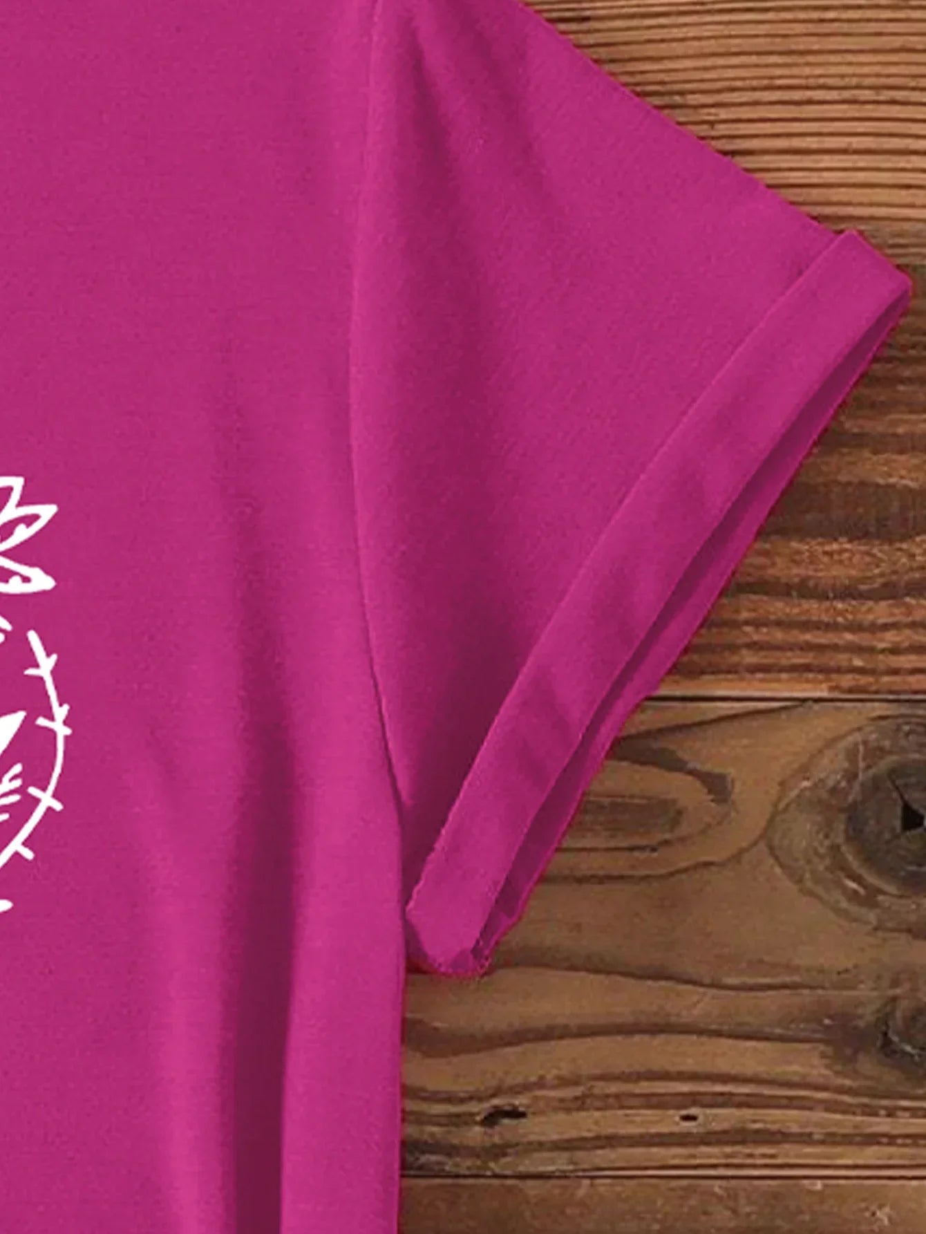 Fuchsia Tee with White Floral Heart Print T-shirt Short Sleeve Crew Neck Casual Top For Summer & Spring Women's Clothing