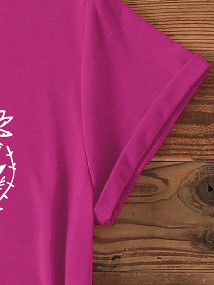 Fuchsia Tee with White Floral Heart Print T-shirt Short Sleeve Crew Neck Casual Top For Summer & Spring Women's Clothing