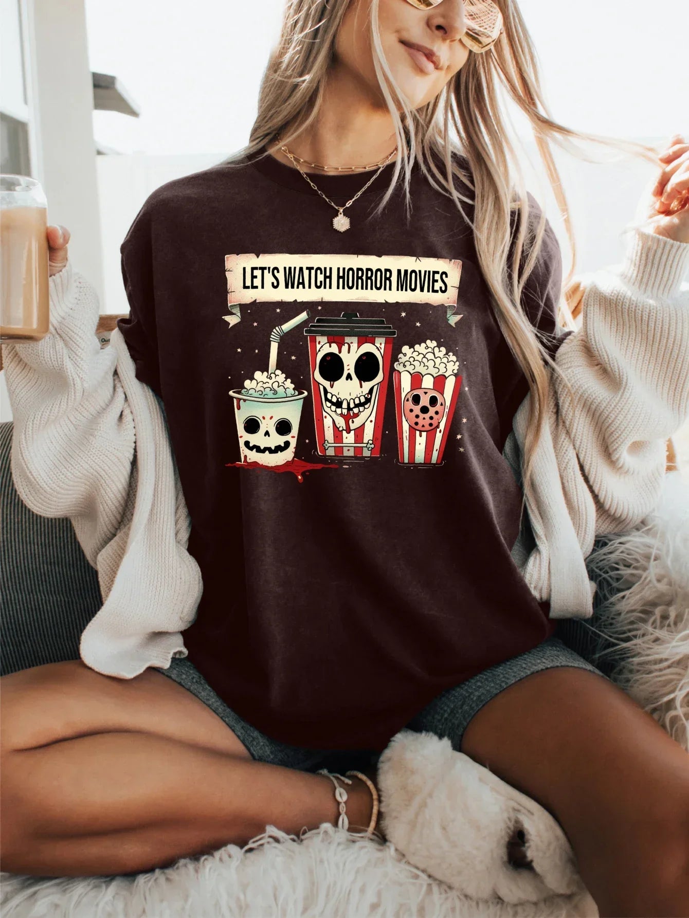 Horror Movie Night Popcorn Skull Print T-shirt Short Sleeve Crew Neck Casual Top For Summer & Spring Women's Clothing