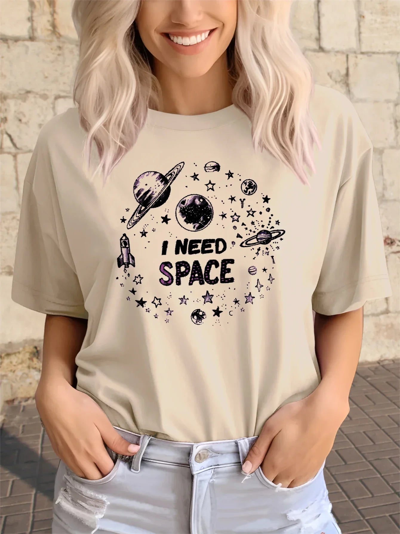 Astronomical Humor 'I Need Space' Planetary Print T-shirt Short Sleeve Crew Neck Casual Top For Summer&Spring Women's Clothing