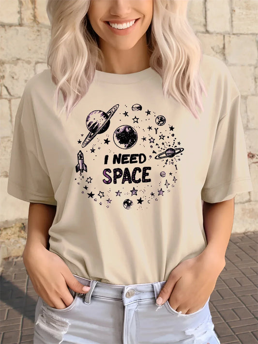 Astronomical Humor 'I Need Space' Planetary Print T-shirt Short Sleeve Crew Neck Casual Top For Summer&Spring Women's Clothing