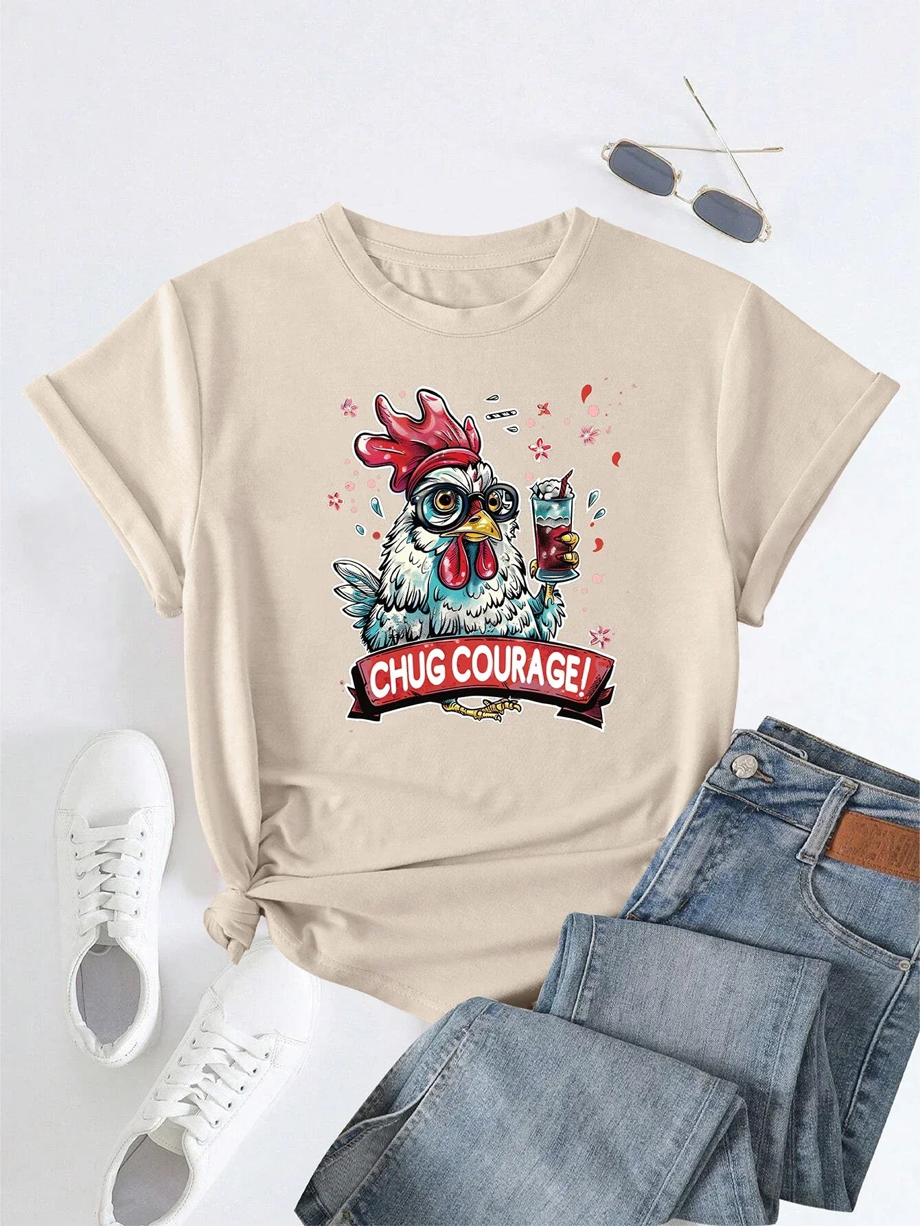 Humorous Drinking Rooster Design Print T-shirt Short Sleeve Crew Neck Casual Top For Summer & Spring Women's Clothing