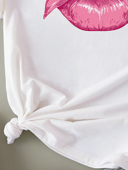 Girly Pink Lip-shaped With Bow Pattern Print T-shirt Short Sleeve Crew Neck Casual Top For Summer & Spring Women's Clothing