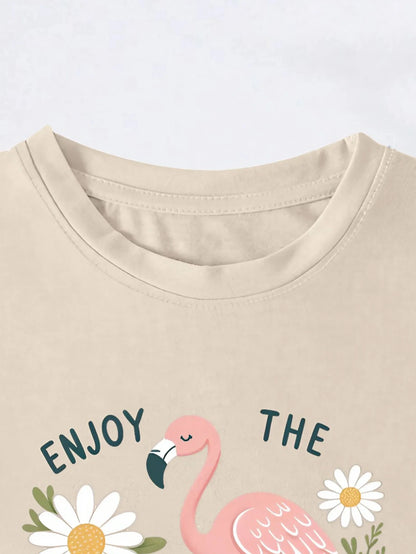 Flamingo and Bicycle Print T-shirt for Women, Crew Neck, Casual Top, Short Sleeve, Summer and Spring, Women's Clothing