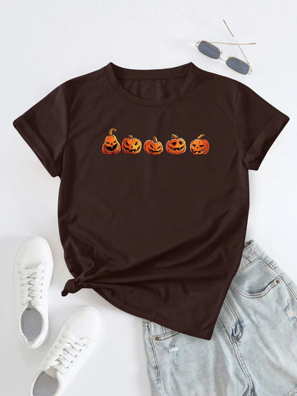 Halloween Spooky Jack-o'-Lantern Parade  Print T-shirt Short Sleeve Crew Neck Casual Top For Summer & Spring Women's Clothing