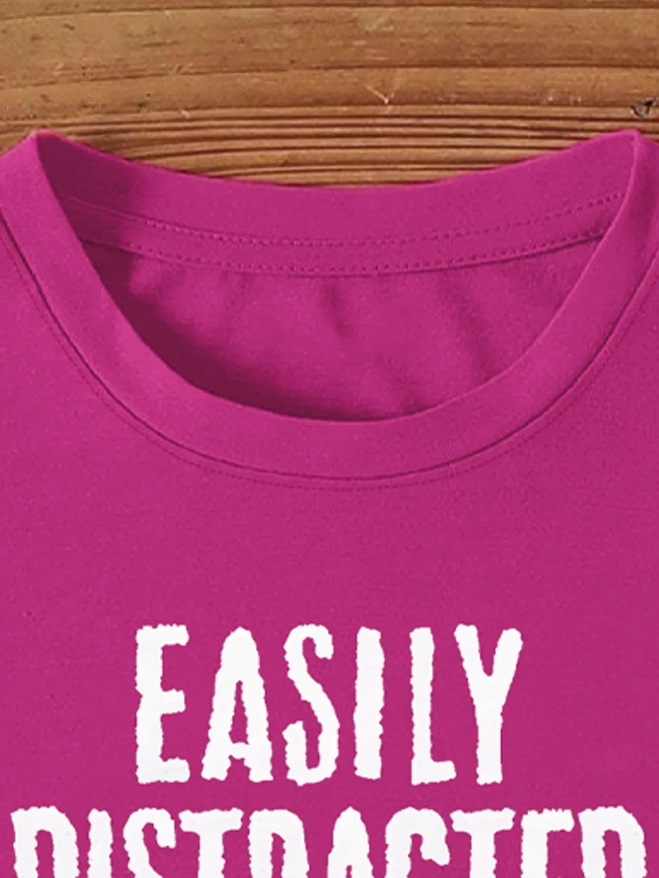 Fuchsia with 'Easily Distracted by Plants' Print T-shirt Short Sleeve Crew Neck Casual Top For Summer&Spring Women's Clothing