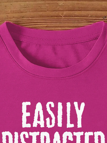 Fuchsia with 'Easily Distracted by Plants' Print T-shirt Short Sleeve Crew Neck Casual Top For Summer&Spring Women's Clothing
