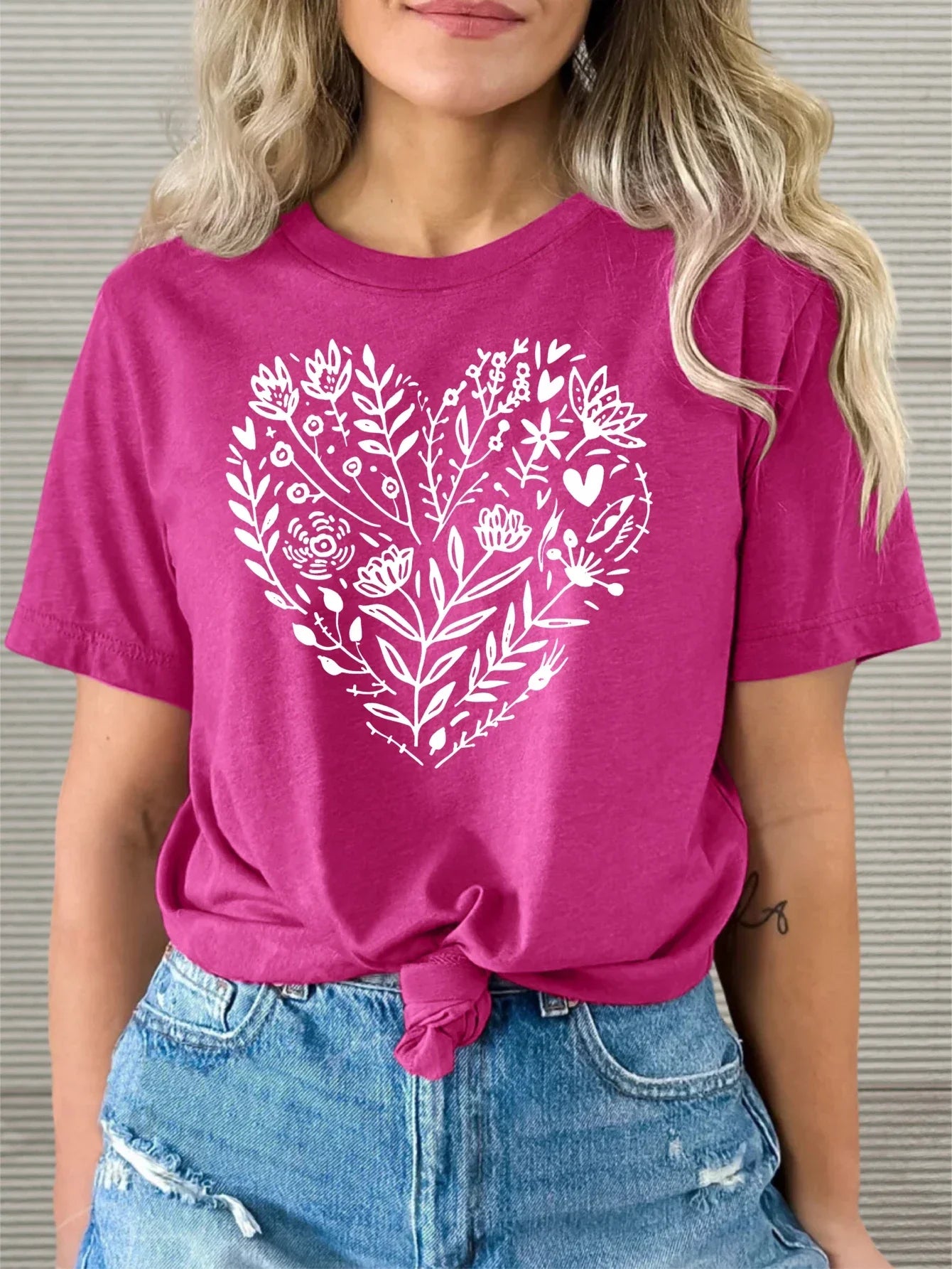 Fuchsia Tee with White Floral Heart Print T-shirt Short Sleeve Crew Neck Casual Top For Summer & Spring Women's Clothing