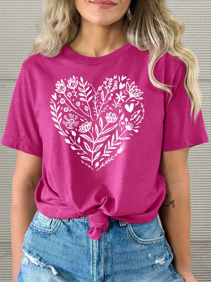 Fuchsia Tee with White Floral Heart Print T-shirt Short Sleeve Crew Neck Casual Top For Summer & Spring Women's Clothing