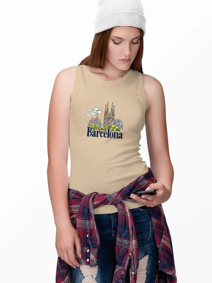Barcelona Skyline Graphic With Bold Barcelona Print Tank Top Sleeveless Casual Top For Summer & Spring Women's Clothing