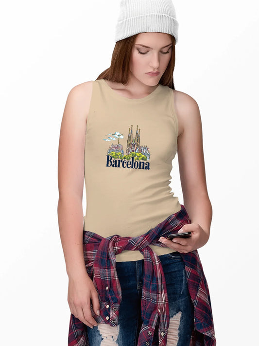 Barcelona Skyline Graphic With Bold Barcelona Print Tank Top Sleeveless Casual Top For Summer & Spring Women's Clothing