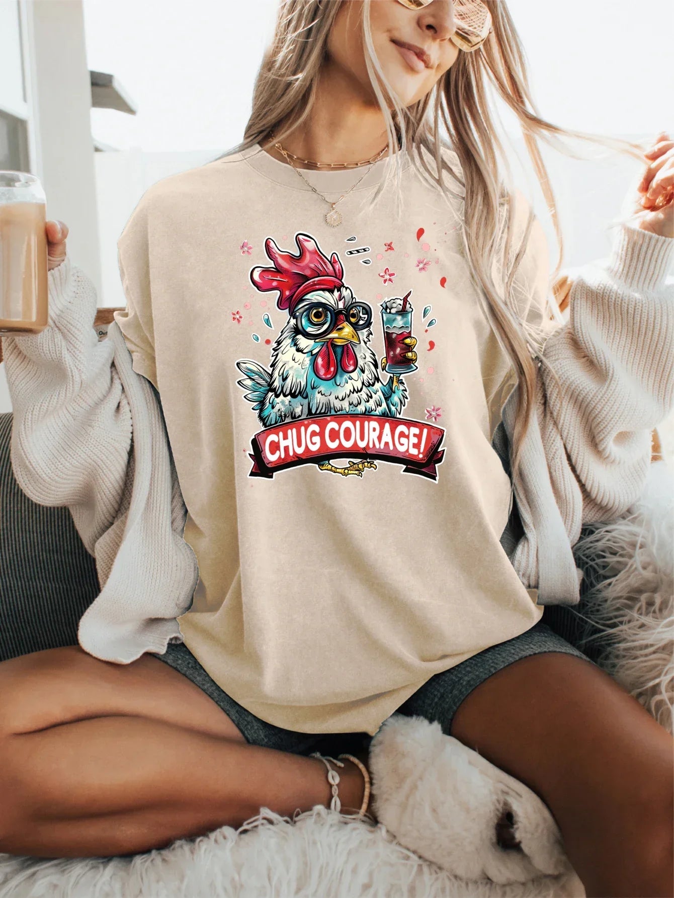 Humorous Drinking Rooster Design Print T-shirt Short Sleeve Crew Neck Casual Top For Summer & Spring Women's Clothing