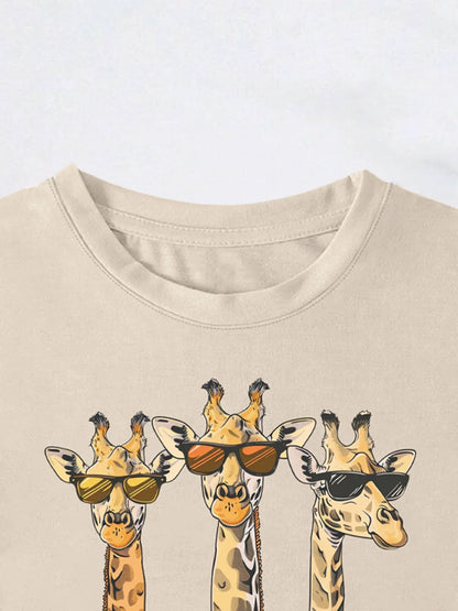 Giraffe Trio Graphic with Sunglasses Detail Print T-shirt Short Sleeve Crew Neck Casual Top For Summer&Spring Women's Clothing