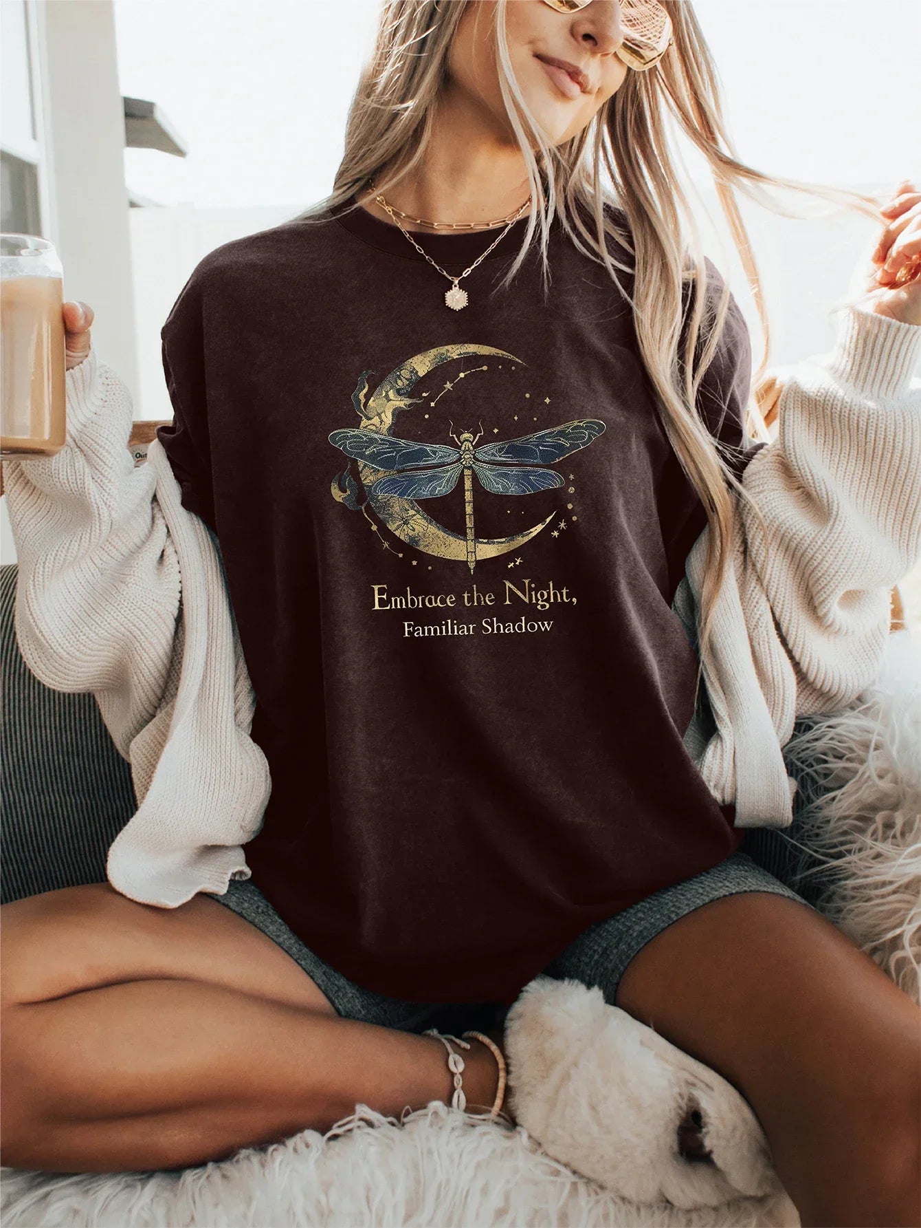 Enigmatic Dragonfly and Moon Graphic with Print T-shirt Short Sleeve Crew Neck Casual Top For Summer & Spring Women's Clothing