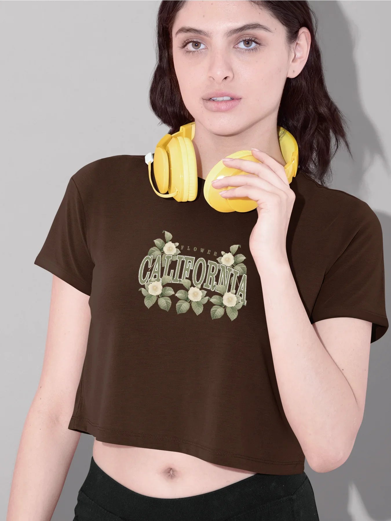 Elegant Floral California Graphic Print Crew Neck Crop T-Shirts Casual Short Sleeve Top For Spring & Summer Women's Clothing