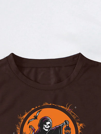 Grim Reaper Nautical with  Skull Graphic Print T-shirt Short Sleeve Crew Neck Casual Top For Summer & Spring Women's Clothing