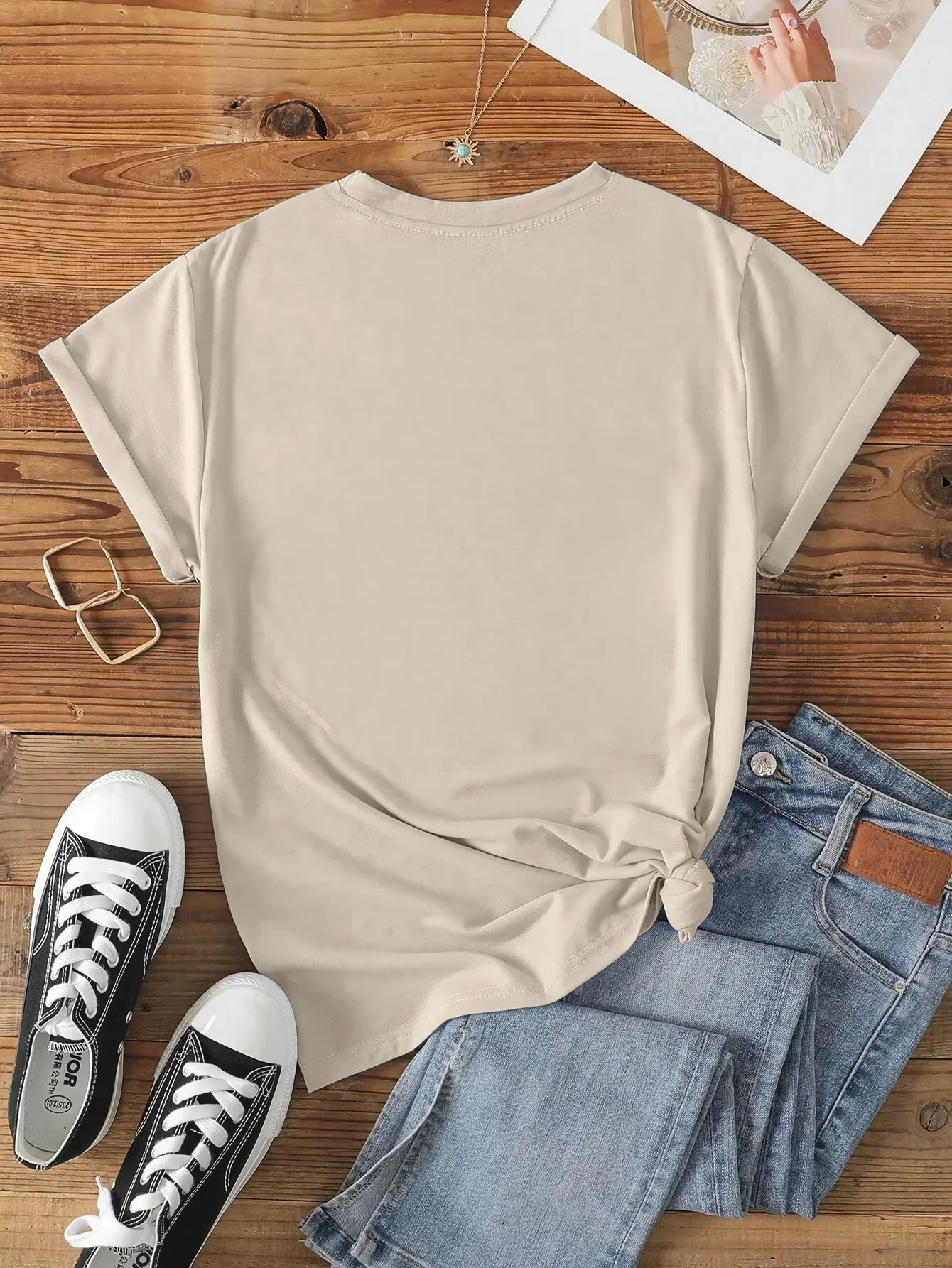 Flamingo and Bicycle Print T-shirt for Women, Crew Neck, Casual Top, Short Sleeve, Summer and Spring, Women's Clothing