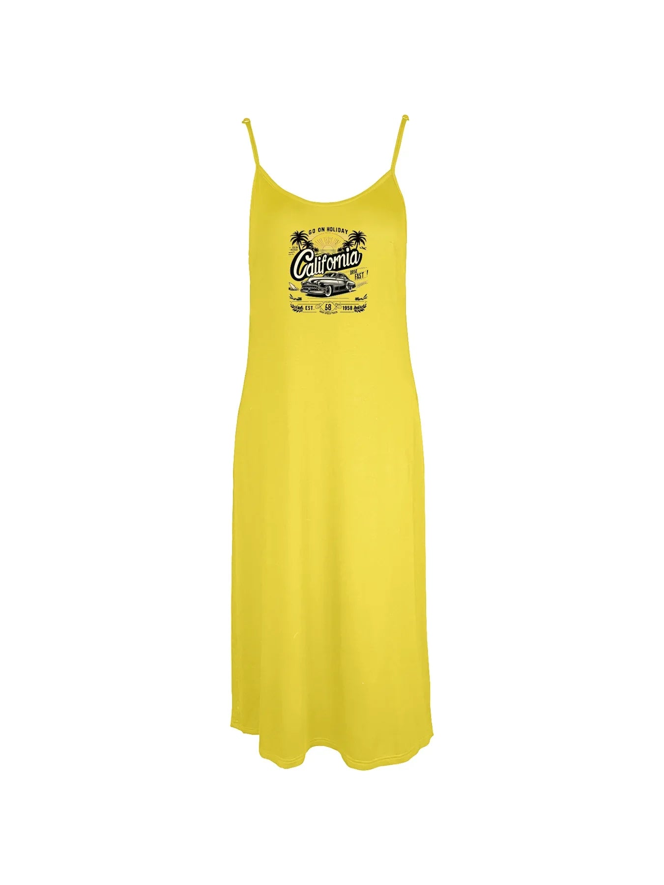 Retro Car And Palm Tree Graphic With California Print Spaghetti Strap Dress Casual Sleeveless Cami Dress Women's Clothing