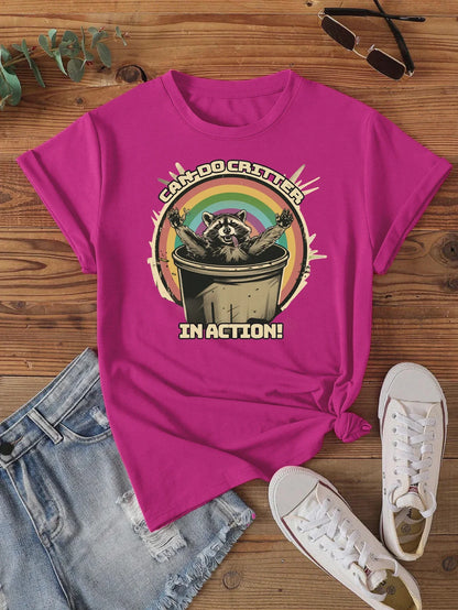 Fun 'Can-Do Critter' Raccoon Print T-shirt Short Sleeve Crew Neck Casual Top For Summer & Spring Women's Clothing