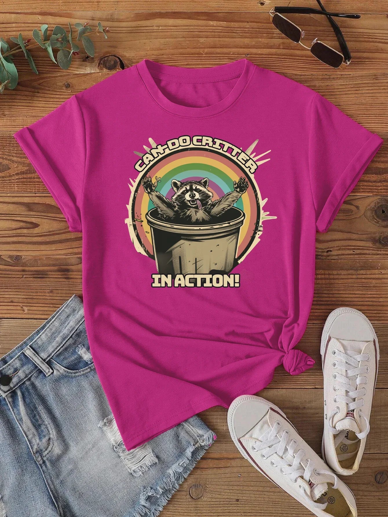 Fun 'Can-Do Critter' Raccoon Print T-shirt Short Sleeve Crew Neck Casual Top For Summer & Spring Women's Clothing