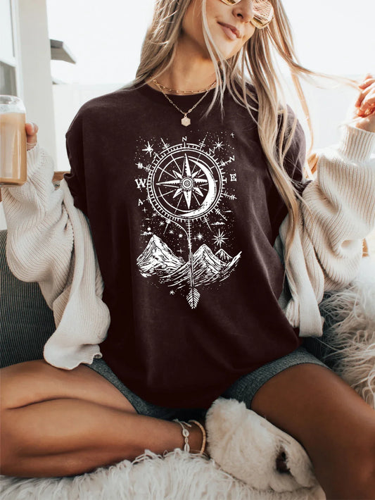 Explorer's Compass and Mountain with Design Print T-shirt Short Sleeve Crew Neck Casual Top For Summer&Spring Women's Clothing